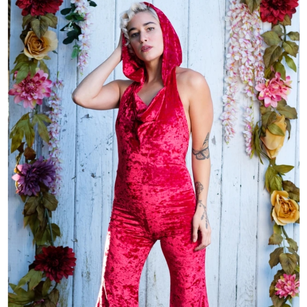 Red Velvet Hooded Onesie Jumpsuit